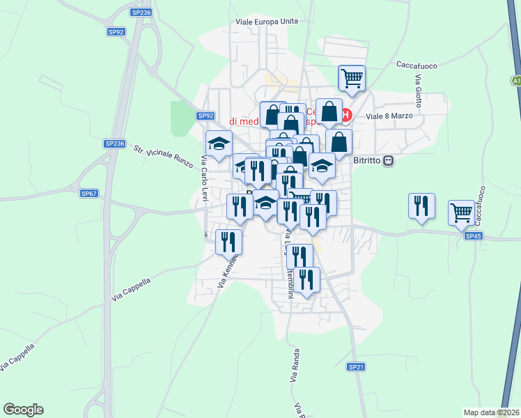 map of restaurants, bars, coffee shops, grocery stores, and more near in Bitritto