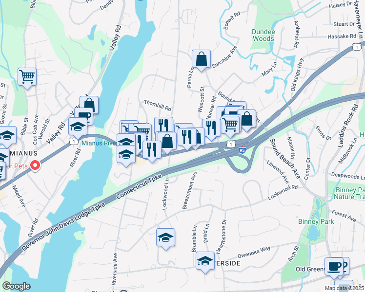map of restaurants, bars, coffee shops, grocery stores, and more near 5 Sheep Hill Road in Greenwich