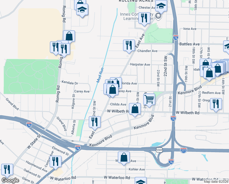 map of restaurants, bars, coffee shops, grocery stores, and more near 2301 East Avenue in Akron