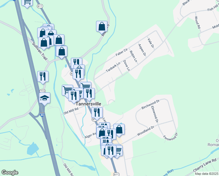 map of restaurants, bars, coffee shops, grocery stores, and more near Village View Court in Tannersville