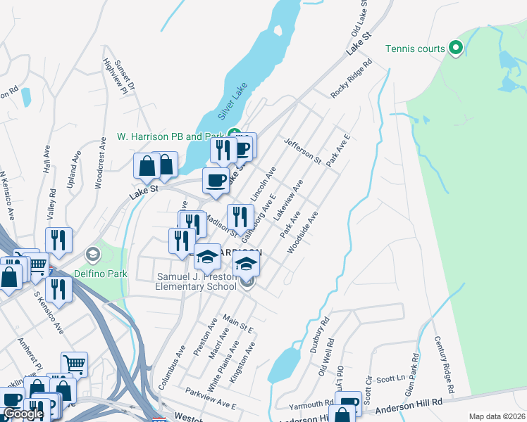 map of restaurants, bars, coffee shops, grocery stores, and more near Gainsborg Avenue East in White Plains