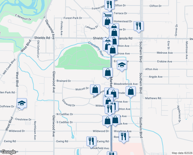 map of restaurants, bars, coffee shops, grocery stores, and more near 5611 Gilbert Drive in Youngstown