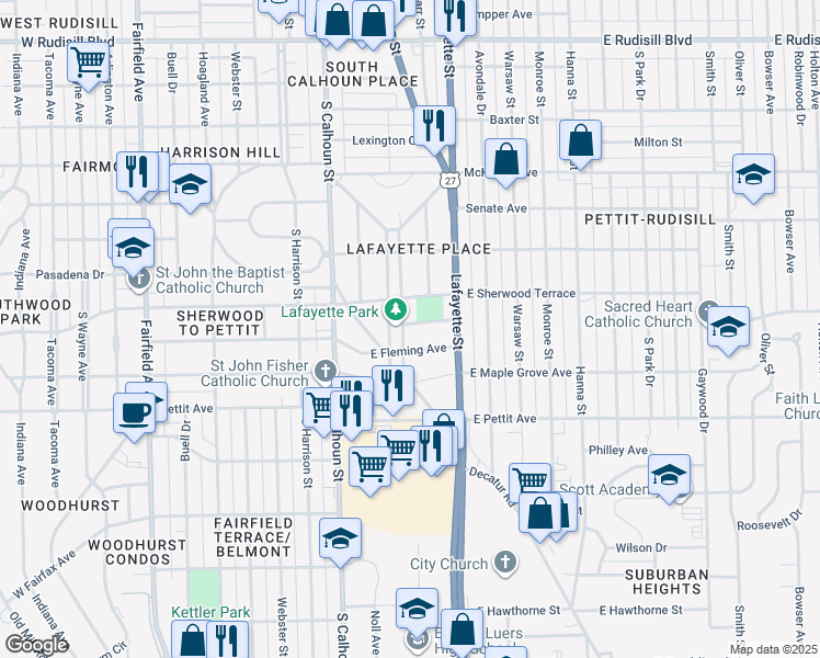 map of restaurants, bars, coffee shops, grocery stores, and more near 4633 East Lafayette Esplanade in Fort Wayne