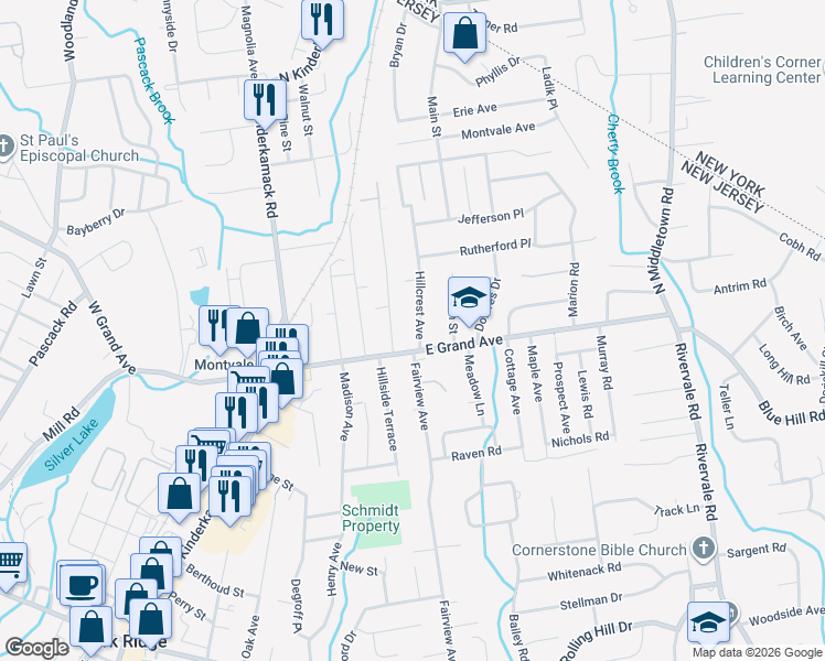 map of restaurants, bars, coffee shops, grocery stores, and more near 6 Hillcrest Ave in Montvale