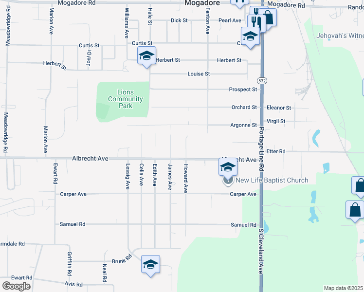 map of restaurants, bars, coffee shops, grocery stores, and more near 346 Howard Avenue in Akron