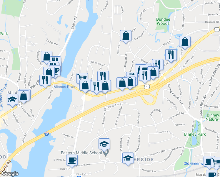 map of restaurants, bars, coffee shops, grocery stores, and more near 5 Sheep Hill Road in Greenwich