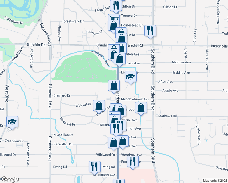 map of restaurants, bars, coffee shops, grocery stores, and more near 5600 Market Street in Youngstown