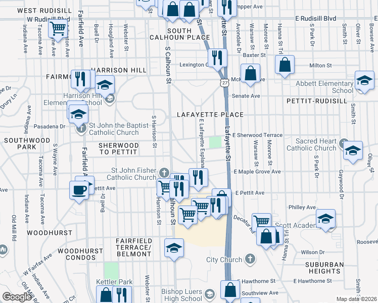 map of restaurants, bars, coffee shops, grocery stores, and more near 4637 Calumet Avenue in Fort Wayne
