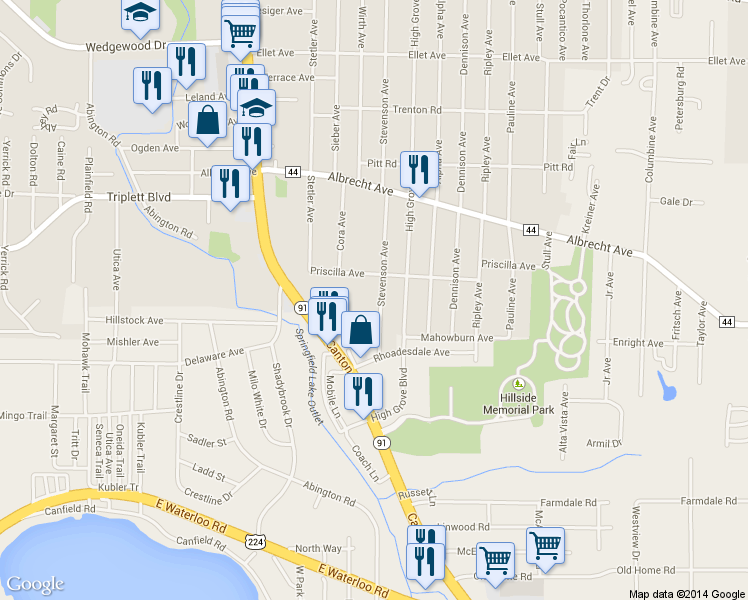 map of restaurants, bars, coffee shops, grocery stores, and more near 642 Stevenson Ave in Akron
