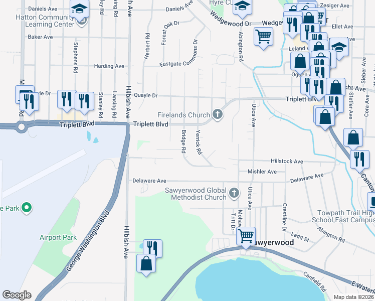 map of restaurants, bars, coffee shops, grocery stores, and more near 803 Bridge Road in Akron