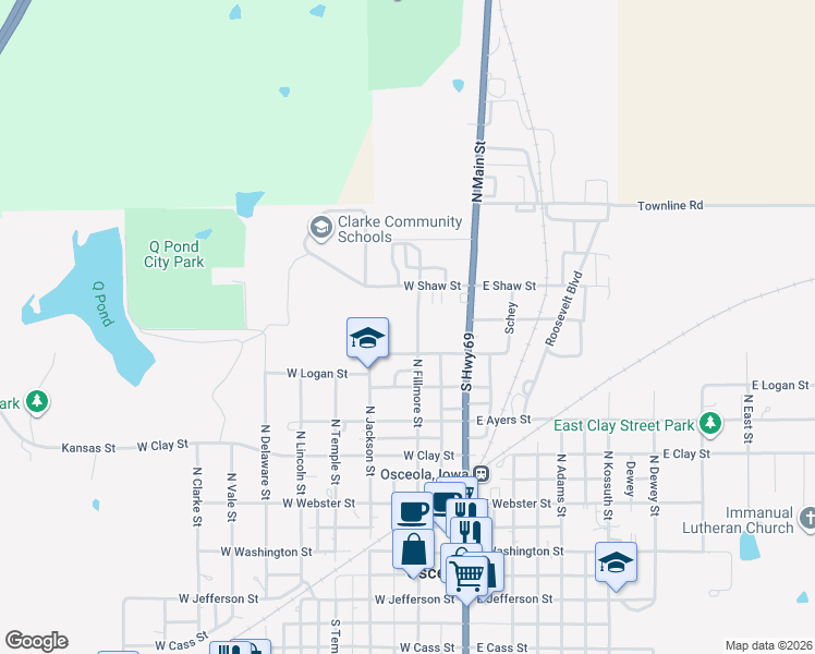 map of restaurants, bars, coffee shops, grocery stores, and more near 624 North Fillmore Street in Osceola
