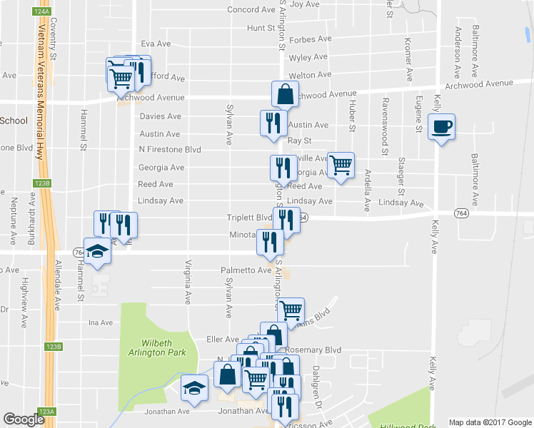 map of restaurants, bars, coffee shops, grocery stores, and more near 969 Triplett Boulevard in Akron