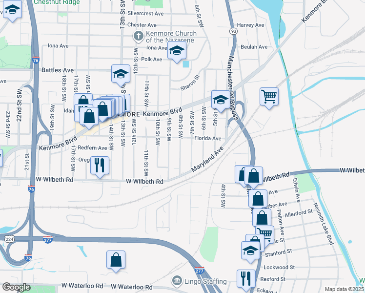 map of restaurants, bars, coffee shops, grocery stores, and more near 2275 8th Street Southwest in Akron