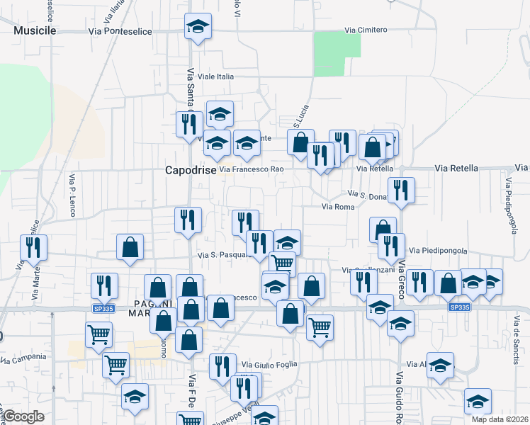 map of restaurants, bars, coffee shops, grocery stores, and more near 7 Via Padre Colombano in Capodrise