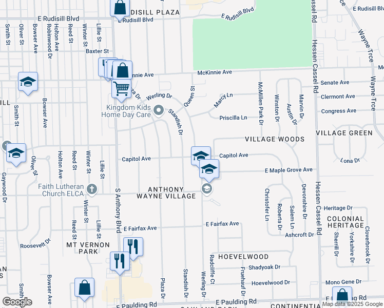 map of restaurants, bars, coffee shops, grocery stores, and more near 4518 Werling Drive in Fort Wayne