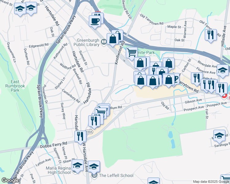 map of restaurants, bars, coffee shops, grocery stores, and more near 808 Pondside Drive in White Plains