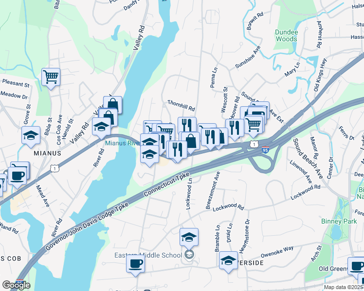 map of restaurants, bars, coffee shops, grocery stores, and more near 12 Apache Place in Greenwich