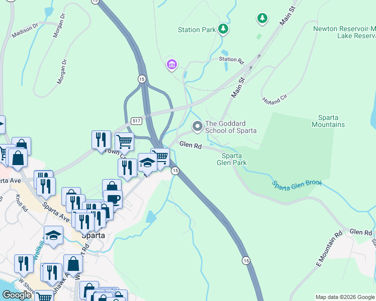 map of restaurants, bars, coffee shops, grocery stores, and more near 6 Glen Road in Sparta Township