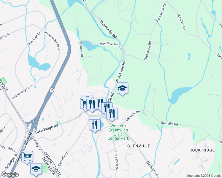map of restaurants, bars, coffee shops, grocery stores, and more near 36 Riversville Road in Greenwich