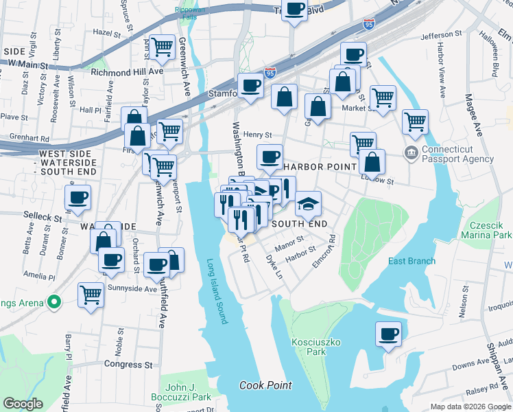 map of restaurants, bars, coffee shops, grocery stores, and more near 100 Commons Park North in Stamford