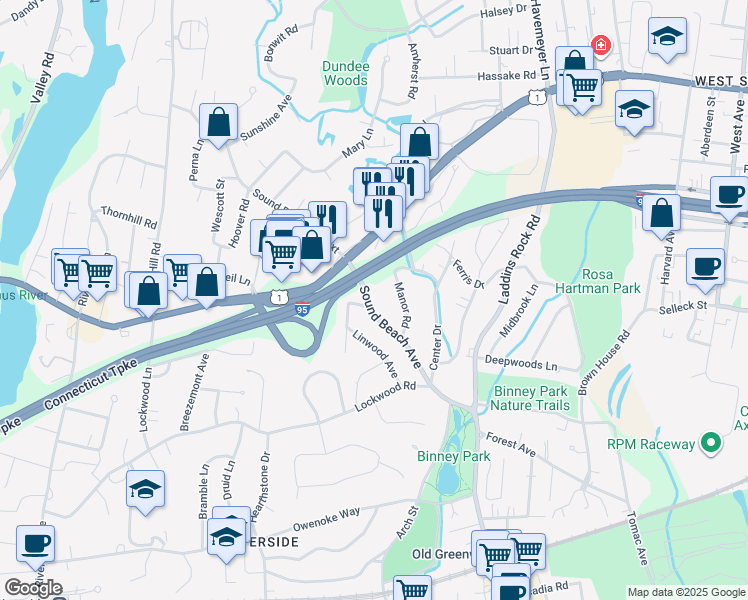 map of restaurants, bars, coffee shops, grocery stores, and more near 22 Sound Beach Avenue in Greenwich