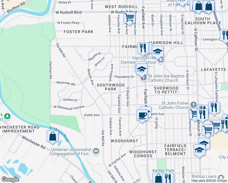 map of restaurants, bars, coffee shops, grocery stores, and more near 4623 Indiana Avenue in Fort Wayne