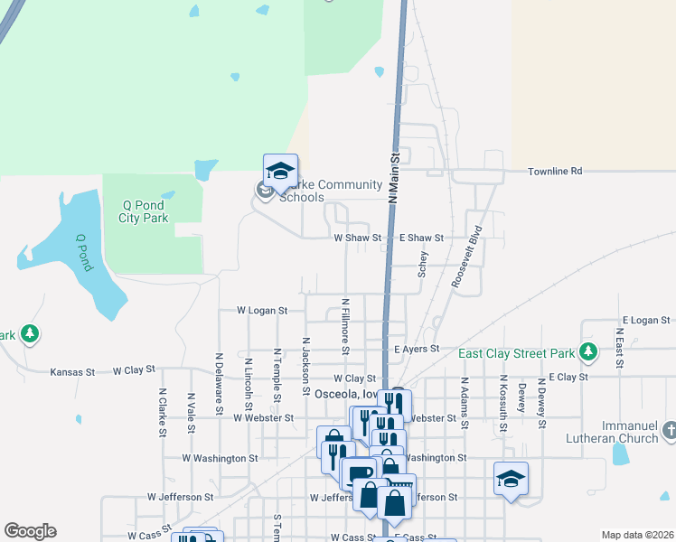 map of restaurants, bars, coffee shops, grocery stores, and more near 624 North Fillmore Street in Osceola