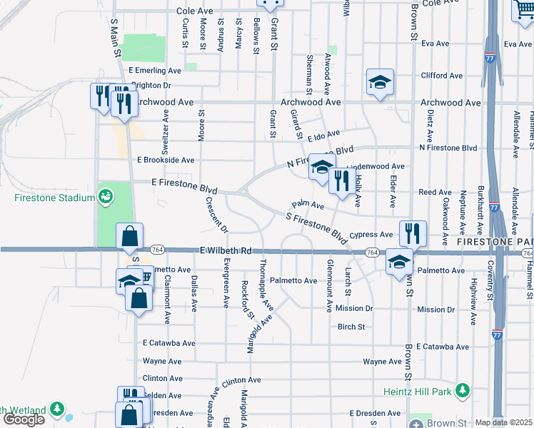 map of restaurants, bars, coffee shops, grocery stores, and more near 230 South Firestone Boulevard in Akron