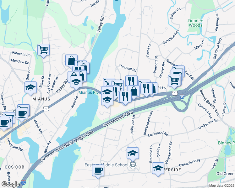 map of restaurants, bars, coffee shops, grocery stores, and more near 13 Riverside Lane in Greenwich