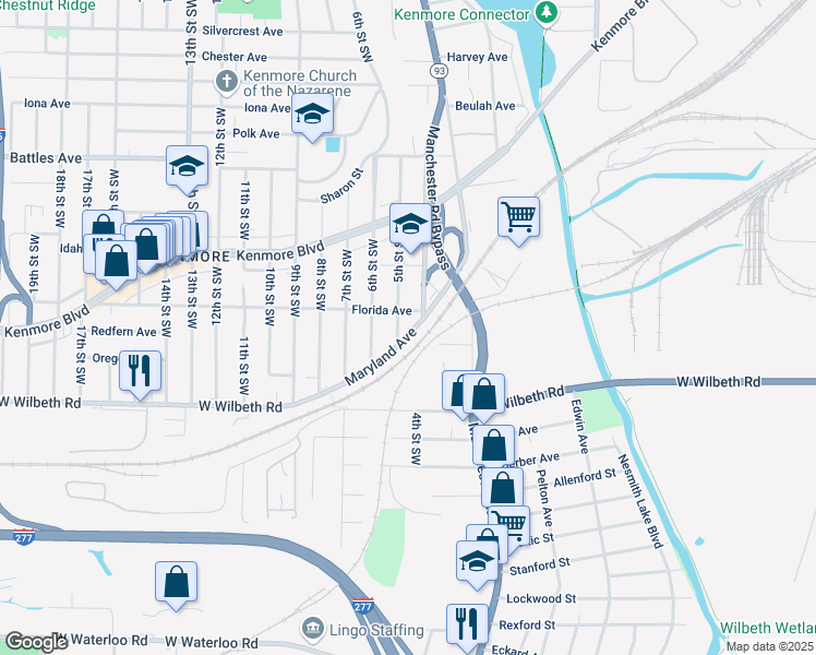 map of restaurants, bars, coffee shops, grocery stores, and more near 2277 5th Street Southwest in Akron