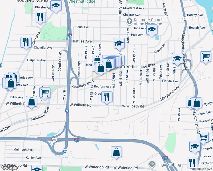 map of restaurants, bars, coffee shops, grocery stores, and more near 901 Redfern Avenue in Akron