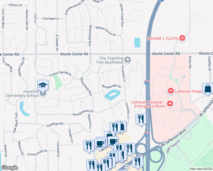 map of restaurants, bars, coffee shops, grocery stores, and more near 8824 Breakwater Drive in Fort Wayne