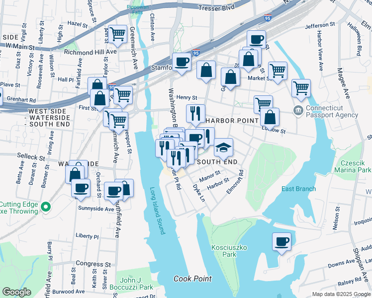 map of restaurants, bars, coffee shops, grocery stores, and more near in Stamford