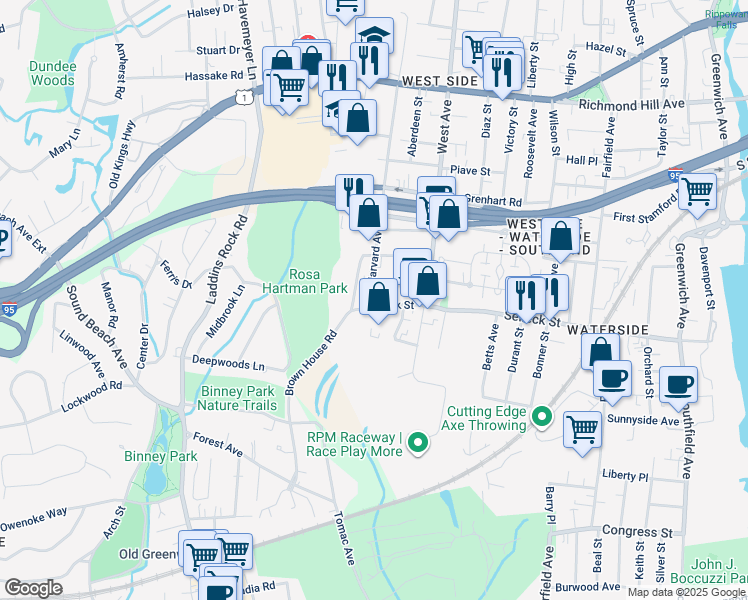 map of restaurants, bars, coffee shops, grocery stores, and more near 171-299 Harvard Ave in Stamford