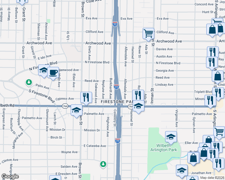 map of restaurants, bars, coffee shops, grocery stores, and more near 1449 Burkhardt Avenue in Akron
