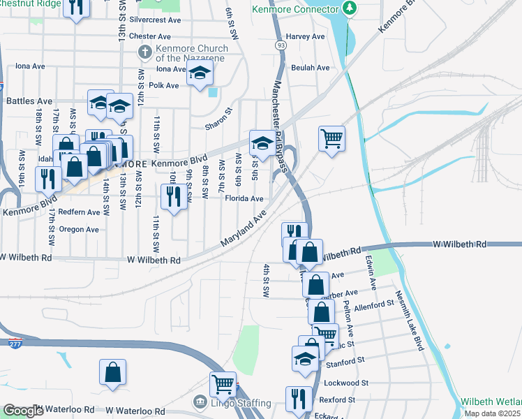 map of restaurants, bars, coffee shops, grocery stores, and more near 2277 5th Street Southwest in Akron