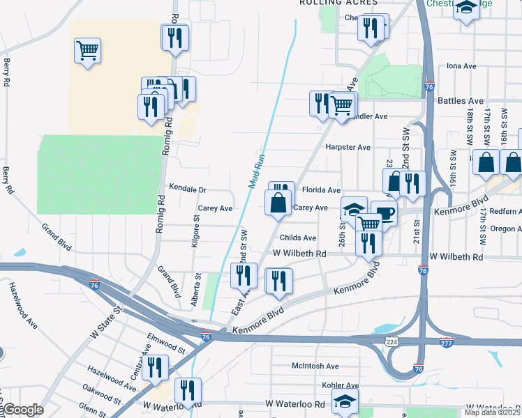 map of restaurants, bars, coffee shops, grocery stores, and more near 1342 Carey Avenue in Akron