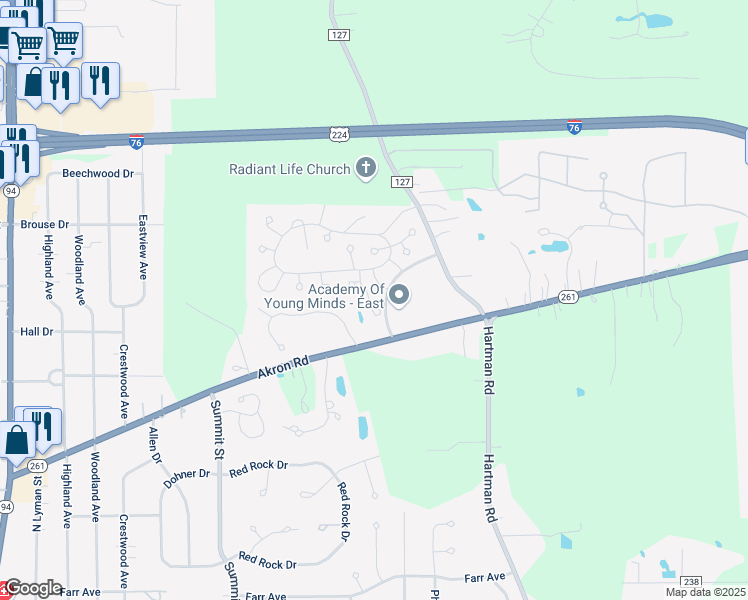 map of restaurants, bars, coffee shops, grocery stores, and more near 110 Barkwood Drive in Wadsworth