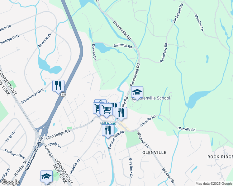 map of restaurants, bars, coffee shops, grocery stores, and more near 43 Angelus Drive in Greenwich