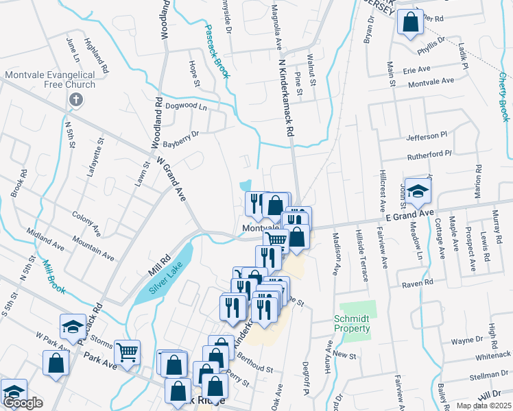 map of restaurants, bars, coffee shops, grocery stores, and more near 179 Nottingham Court in Montvale