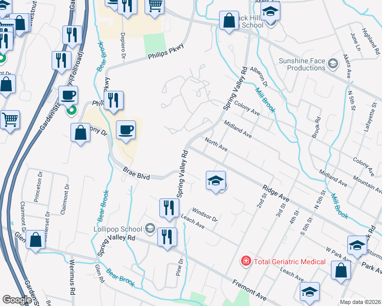 map of restaurants, bars, coffee shops, grocery stores, and more near 176 Spring Valley Road in Park Ridge