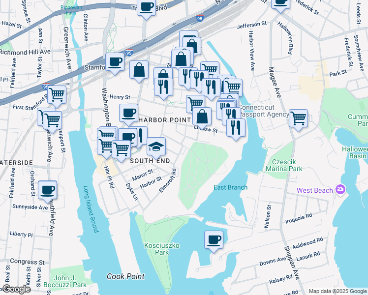map of restaurants, bars, coffee shops, grocery stores, and more near 45 Woodland Place in Stamford