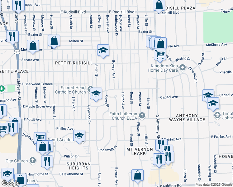 map of restaurants, bars, coffee shops, grocery stores, and more near 4731 Bowser Avenue in Fort Wayne