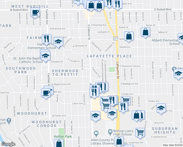 map of restaurants, bars, coffee shops, grocery stores, and more near 4619 South Calhoun Street in Fort Wayne