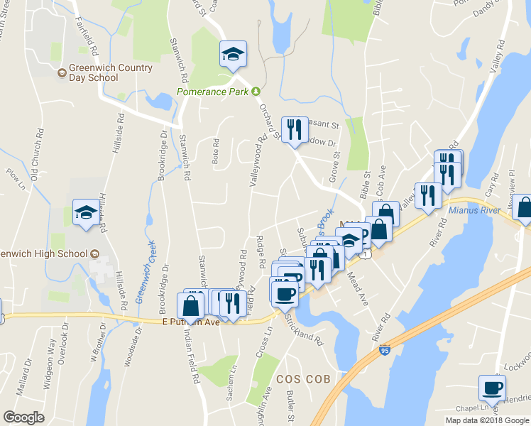 map of restaurants, bars, coffee shops, grocery stores, and more near 46 Sinawoy Road in Greenwich