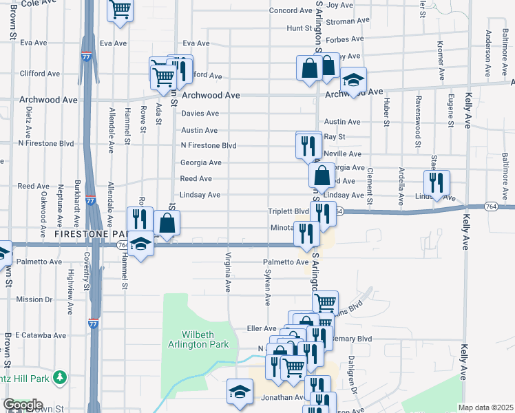 map of restaurants, bars, coffee shops, grocery stores, and more near 889 Triplett Blvd in Akron
