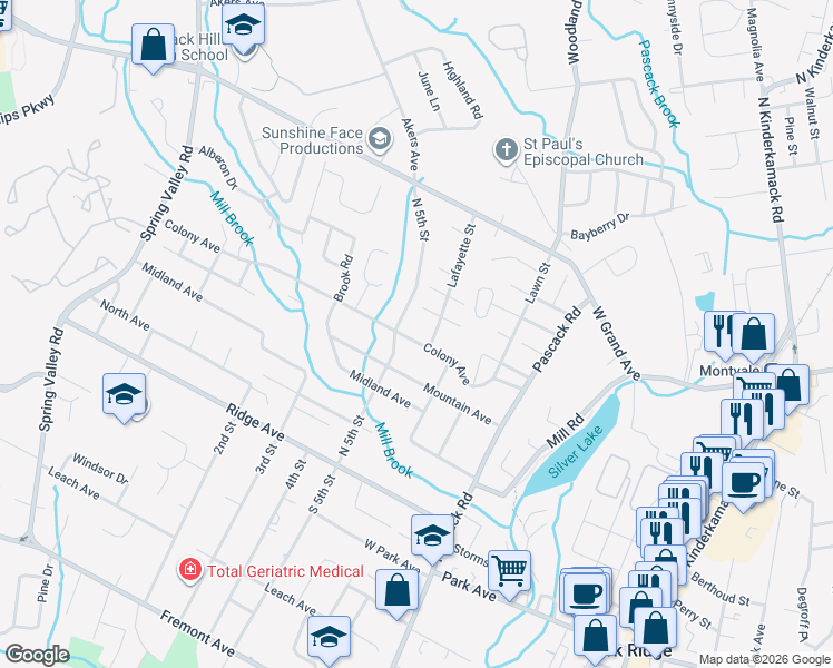 map of restaurants, bars, coffee shops, grocery stores, and more near 62 Colony Avenue in Park Ridge