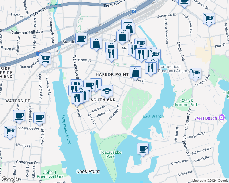 map of restaurants, bars, coffee shops, grocery stores, and more near 18 East Walnut Street in Stamford