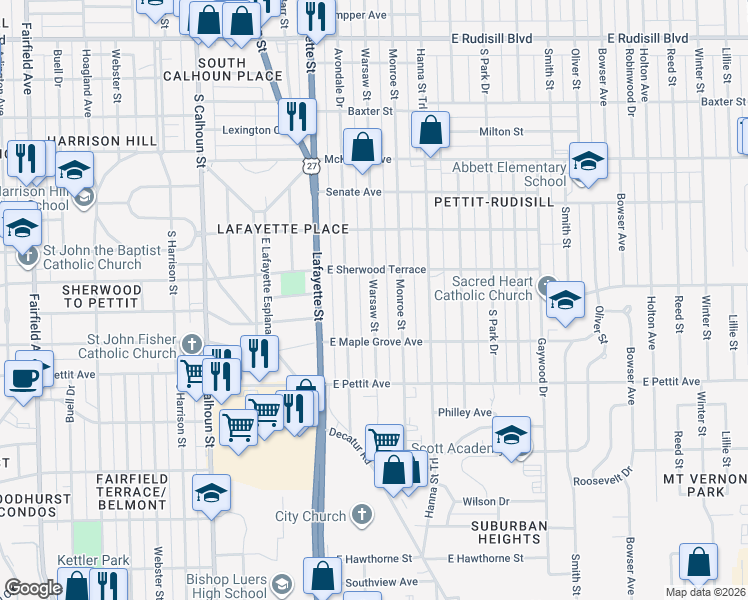map of restaurants, bars, coffee shops, grocery stores, and more near 4641 Warsaw St in Fort Wayne