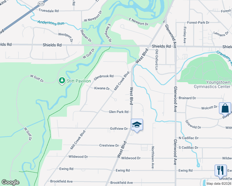 map of restaurants, bars, coffee shops, grocery stores, and more near 5555 Mill Creek Boulevard in Youngstown